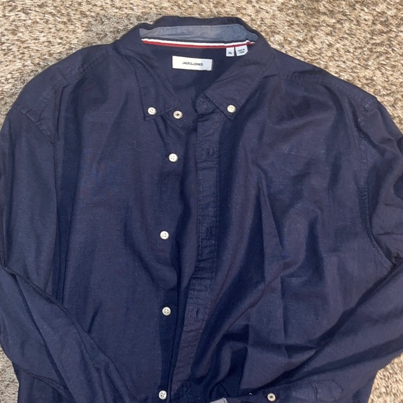 Men’s Navy slim fit linen button down - Picture 2 of 2